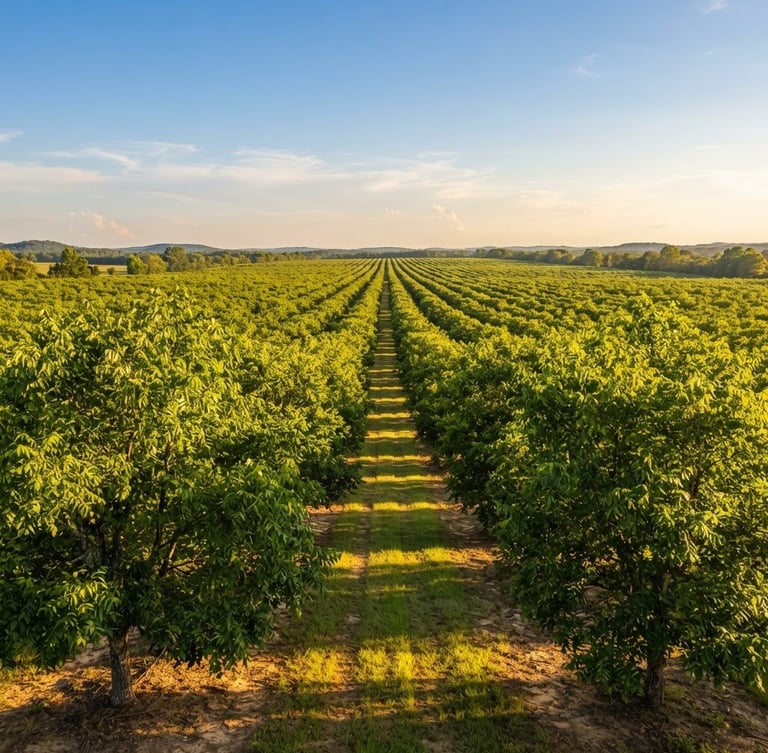 Amplio campo de nogales pecanos perfectamente alineados bajo el sol de la tarde, con hileras infinitas de árboles verdes y bien cuidados, luz dorada filtrándose entre las hojas.