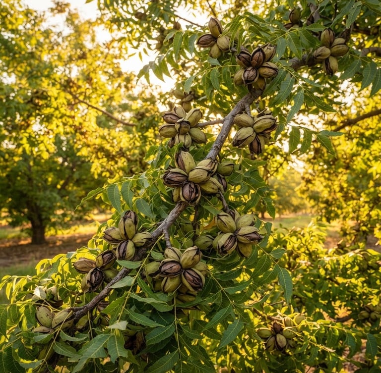 Lush, sun-drenched pecan orchard with healthy trees, close-up on branches heavy with pecans, golden hour light filtering through leaves, wide-angle lens.