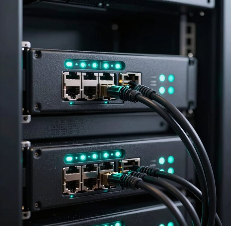 Macro photograph of a sleek dark-mode server rack interface with glowing neon-teal indicator lights and clean networking cables