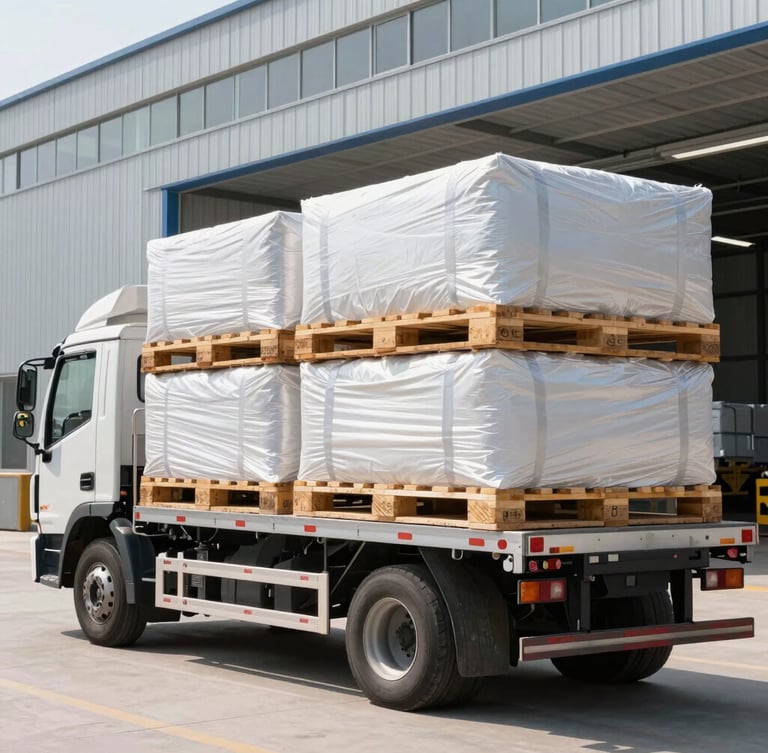 A professional logistics truck loaded with heavy cargo pallets outside a modern textile warehouse, bright daylight, realistic textile textures, sharp focus, 35mm lens