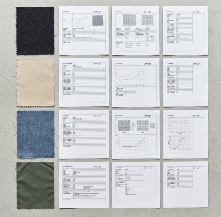 Overhead flat-lay of fabric samples next to technical spec sheets, bright daylight, realistic textile textures, sharp focus, 35mm lens