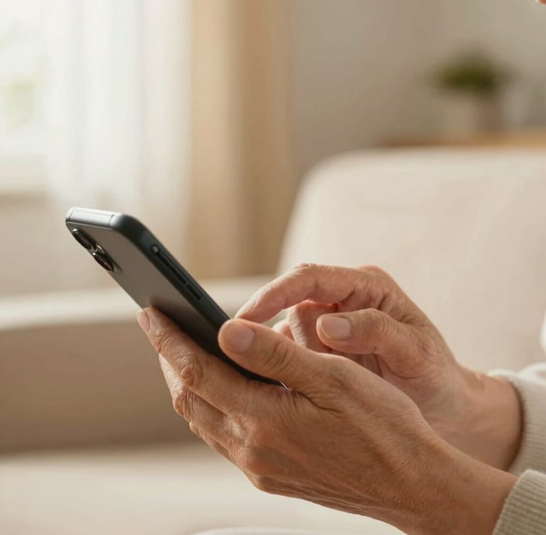 Close-up of an older adult's hands confidently using a smartphone, soft natural indoor light, comforting golden tones, shallow depth of field, 35mm