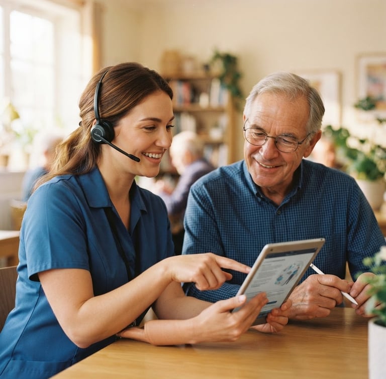 Warm, smiling support agent wearing a headset, gently explaining something on a tablet to an older adult, soft natural indoor light, comforting golden tones, shallow depth of field, 35mm