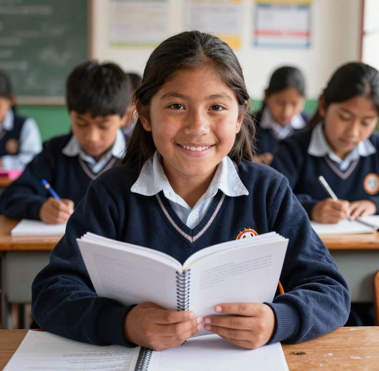 A warm editorial portrait of a Peruvian high school student smiling in a classroom, natural highland light, holding a notebook, authentic school environment.