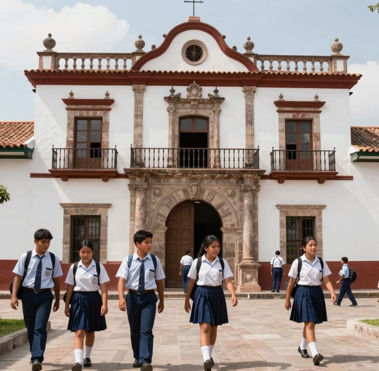Warm editorial photography, bright natural daylight, historic facade of I.E. Juan Ugaz in Santa Cruz Cajamarca, students walking in uniform, realistic depth of field