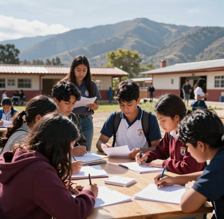 Wide shot of high school students in Santa Cruz, Cajamarca, collaborating on an outdoor finance workshop under bright natural sunlight, mountains in background, warm editorial style.