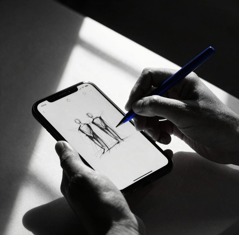 Intimate close-up of hands sketching digital ad mockups on a mobile device, high-contrast natural window light, deep dramatic shadows, minimalist monochrome with electric blue accents, 35mm.