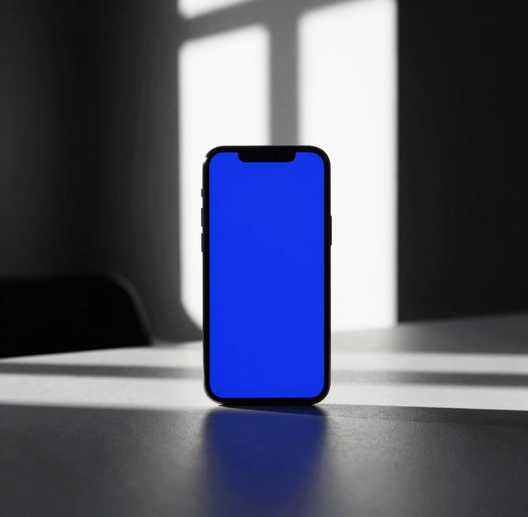 High-contrast editorial photography of a mobile device displaying high-fidelity digital ad mockups on a minimalist desk, dramatic window light, deep shadows, 35mm