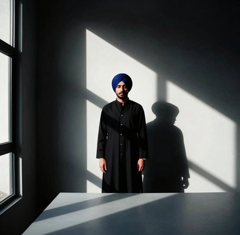 A direct-to-camera high-contrast portrait of Baljeet Kaur in an architectural minimalist workspace, dramatic natural window light, deep shadows, 35mm photography.