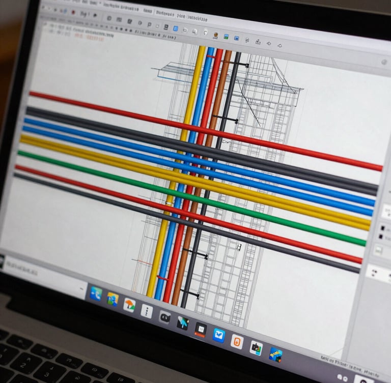 Close-up of a high-resolution BIM coordination software screen showing complex multi-colored overlapping MEP conduits, 3D architectural wireframe, sharp technical details