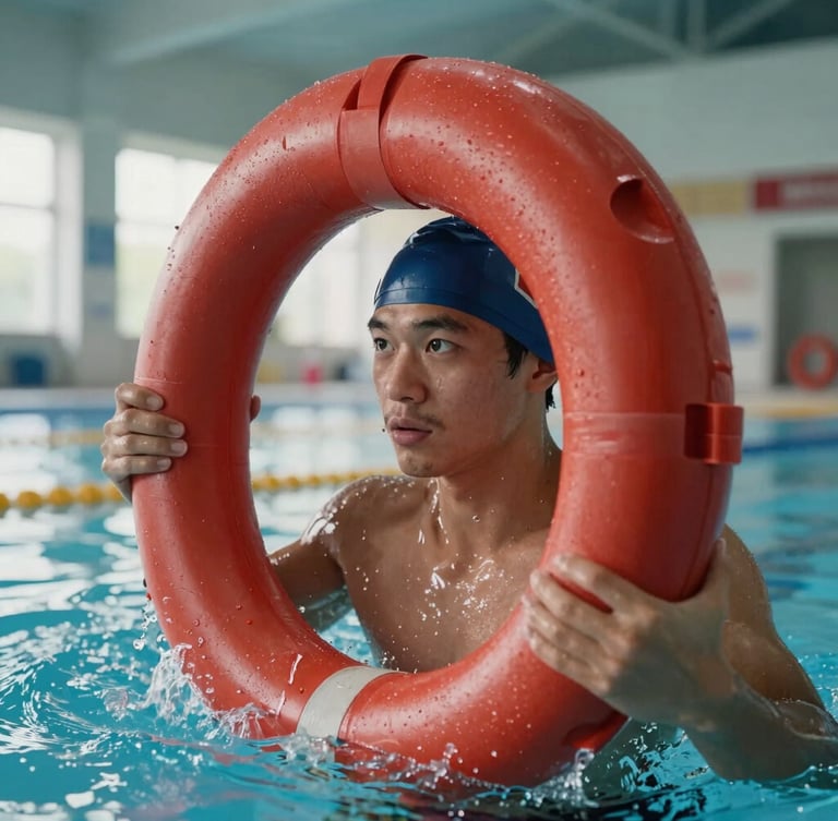 Dynamic close-up of a lifeguard trainee's hands gripping a red rescue tube in a high-contrast indoor swimming pool, water splashing, focused eyes in the background under bright natural light.