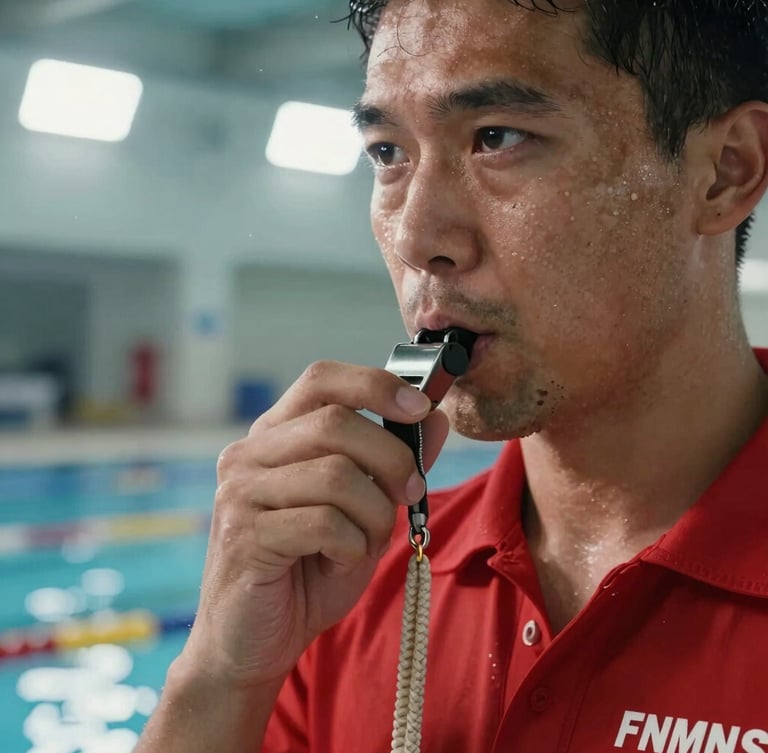 Dynamic close-up of a lifeguard trainer in a red FNMNS uniform, focused eyes, holding a whistle, high-contrast indoor pool lighting with splashing water in the background.