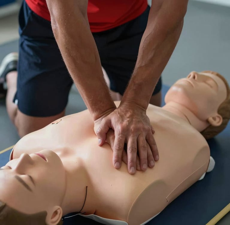 Tight close-up of a lifeguard's hands performing chest compressions on a CPR training mannequin, focused technique, natural high-contrast indoor lighting, dynamic angle