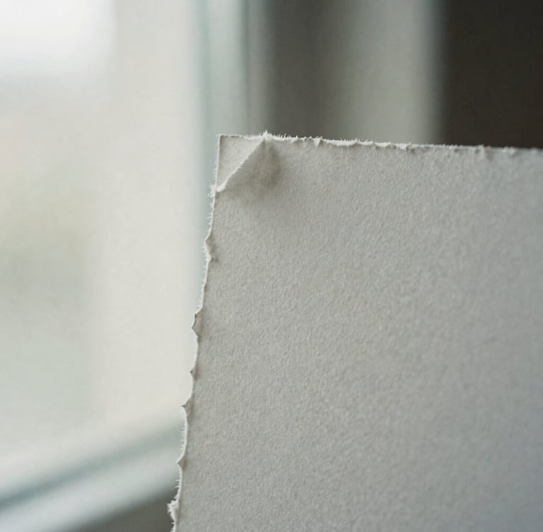 Macro close-up of textured deckled-edge paper with soft natural window light, subtle shadows, editorial 35mm film photography style.