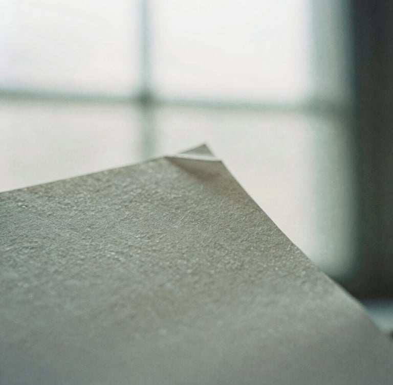 Macro close-up of ink on textured deckled-edge paper, soft natural shadows, diffused overcast window light, 35mm film photography