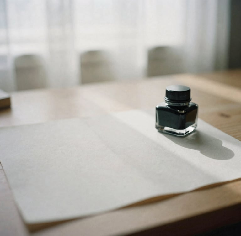 A quiet, empty writing desk with soft natural shadows, a single inkwell, and textured paper under diffused overcast window light, editorial film photography