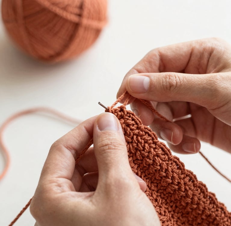 Hands of an artisan weaving a complex crochet pattern with thick terracotta thread, soft natural side light, shallow depth of field, macro texture