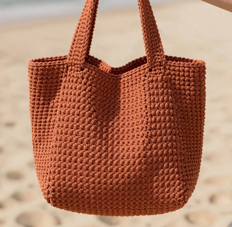 A close-up of a structured minimalist crochet bag in terracotta color, held by hands, soft natural daylight, warm sand background, macro texture detail, shallow depth of field, 35mm