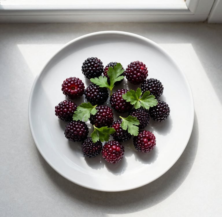 Overhead flat-lay of a minimalist Scandinavian-style plated dish, dark ripe crimson berries, fresh green herbs, soft natural window light, high-contrast shadows, matte finish, 35mm