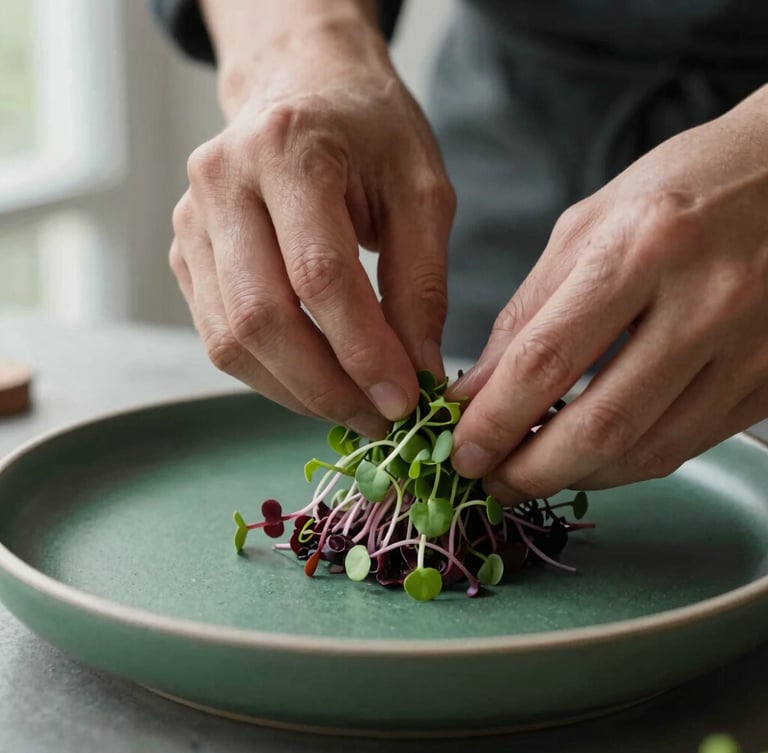 Close-up macro shot of a chef's hands carefully placing microgreens on a modern ceramic plate, soft side lighting, deep forest green accents, 35mm matte style