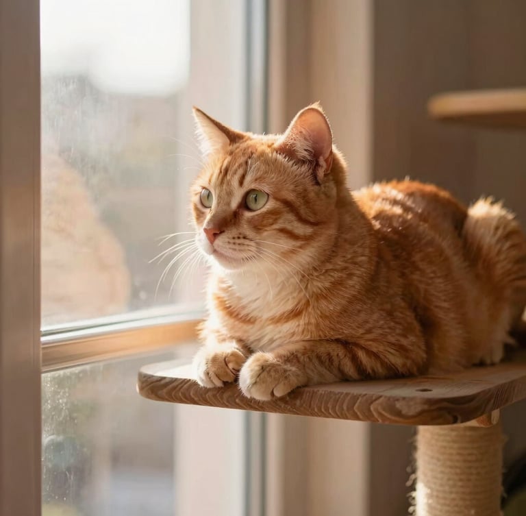 A beautiful rehabilitated cat resting comfortably on a high wooden perch, looking towards a sunny window, soft warm lighting, shallow depth of field, 35mm style