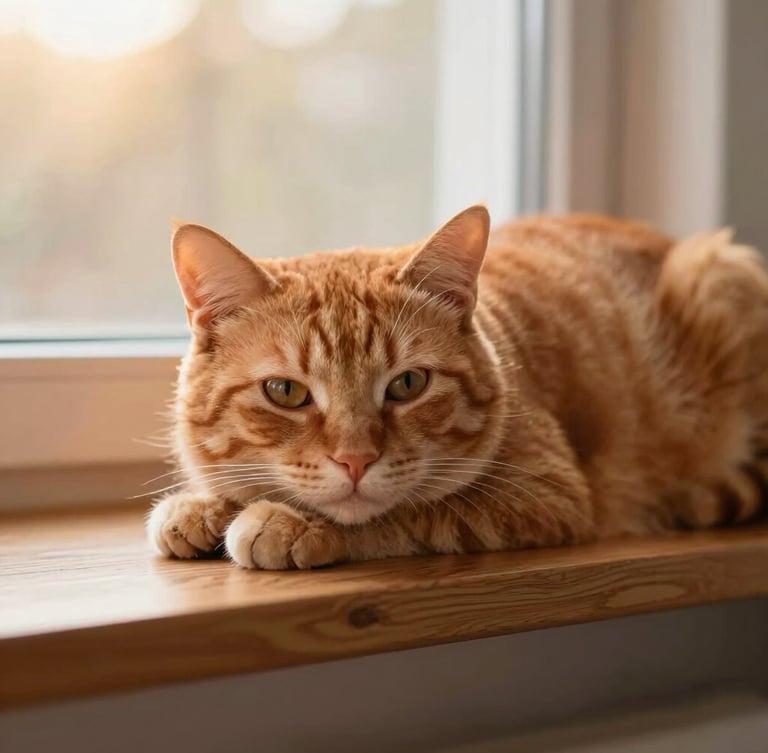 Dignified rehabilitated ginger cat resting on a warm wooden shelf under soft golden-hour window light, peaceful expression, shallow depth of field, 35mm