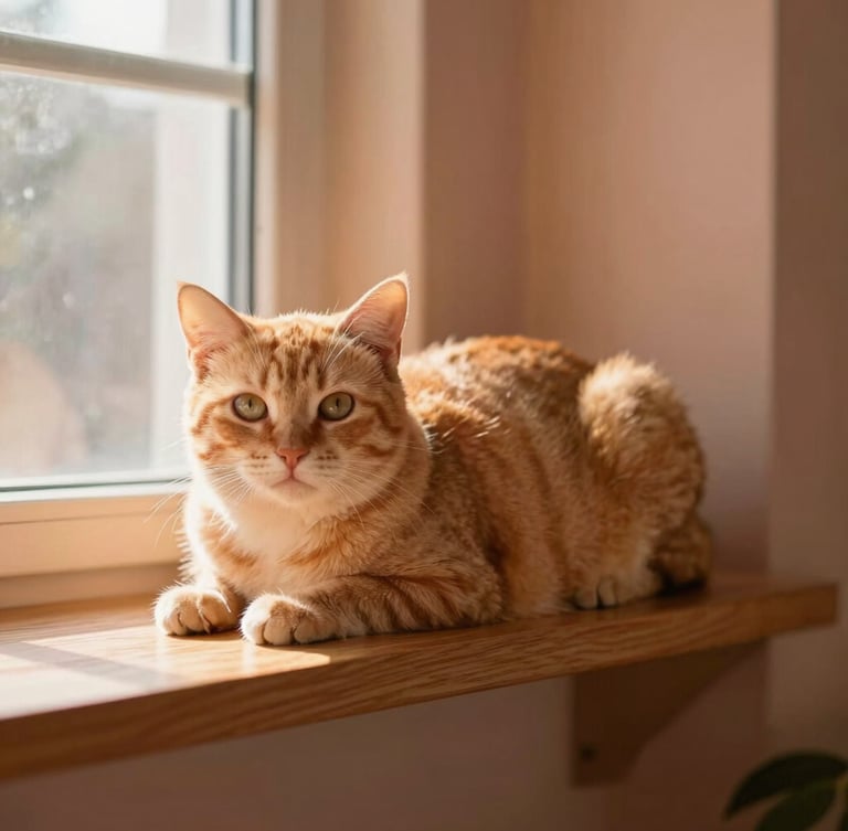 Dignified cat resting on a sunlit wooden shelf, warm golden-hour window light, soft terracotta tones, shallow depth of field, 35mm portrait