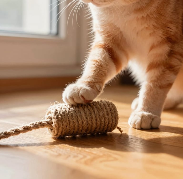 Close-up of a cat's paws playing with a sisal rope toy on a warm wooden floor, soft natural morning light