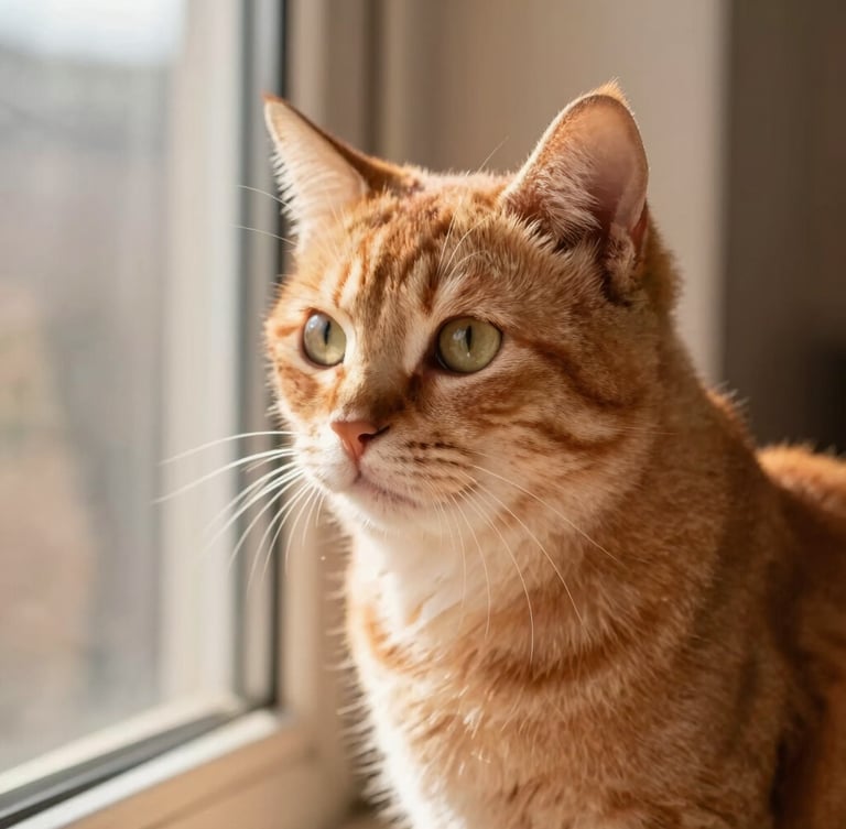 Close-up of a healthy, majestic cat looking out a secure sunny balcony, warm sunlight, soft focus on whiskers, rich natural tones