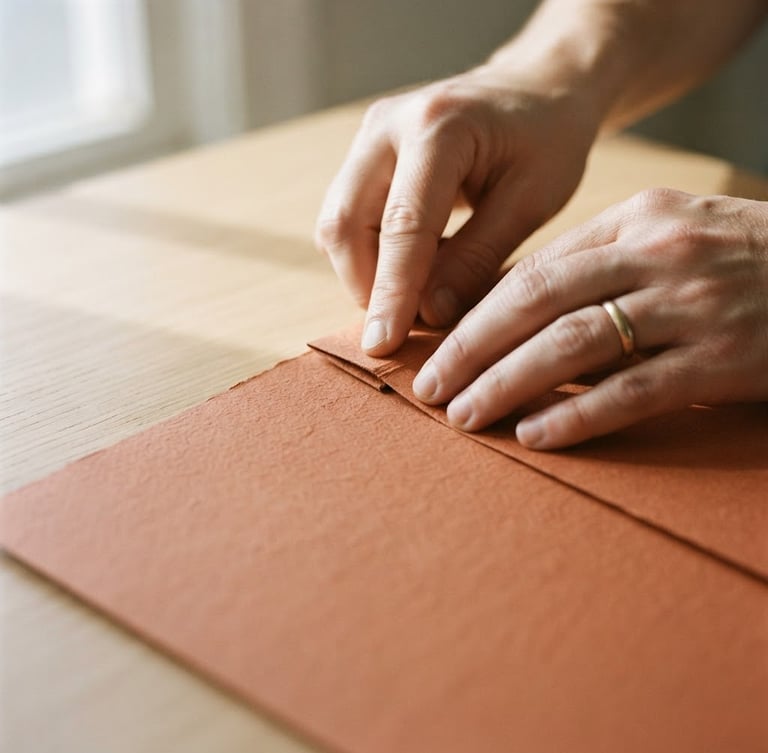 Hands carefully folding a heavy-weight textured terracotta paper sheet on a clean sand-colored wooden table, soft natural afternoon light casting long gentle shadows, tactile details, 35mm photography