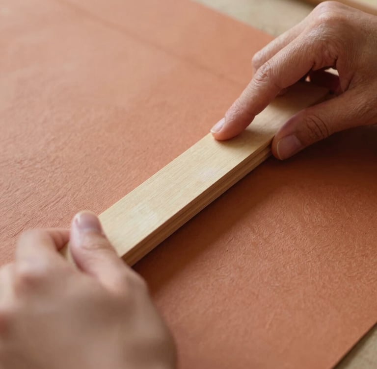 Warm editorial photography, close up of hands folding thick textured terracotta paper with a bone folder, soft natural afternoon light, shallow depth of field, 35mm