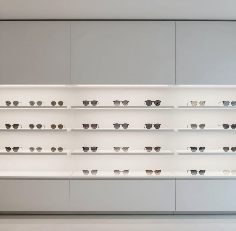 Minimalist architectural photography of a modern high-end optical store interior, clean desaturated cool tones, sharp focus, technical lines, 35mm lens