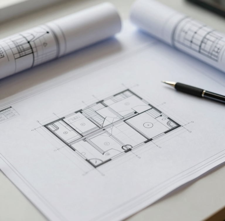 Close-up of clean technical architectural blueprints and drafting tools on a desk, soft natural daylight, cool desaturated tones, sharp focus