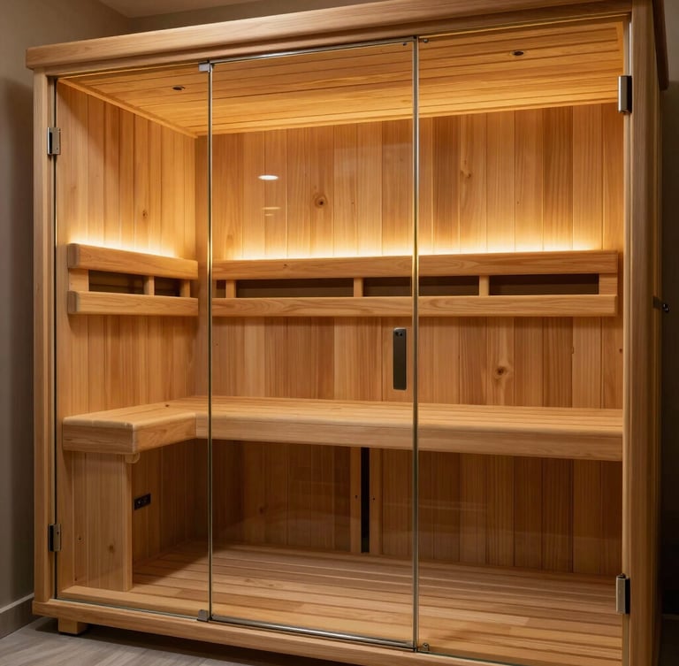 A premium infrared sauna cabin interior, featuring clean light cedar wood, glass panels, and soft golden infrared heating elements.