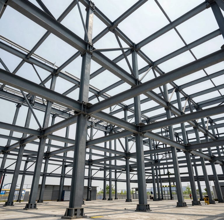 Wide-angle architectural view of massive structural steel framework under bright daylight, clean lines, industrial scale