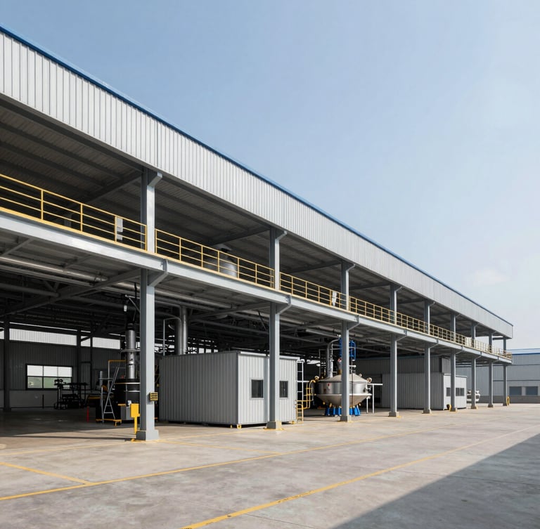 Wide-angle architectural view of a modern logistics and processing facility, clean steel structures, bright daylight, high-contrast corporate environment.