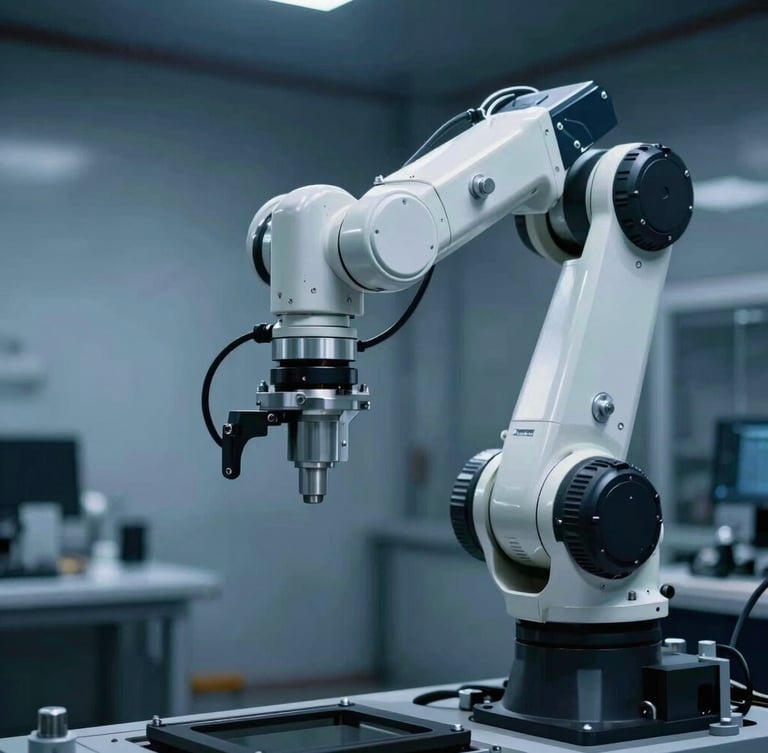 Close-up of a robotic automotive assembly arm under cool white and blue technical lighting, high-contrast shadows, industrial environment.