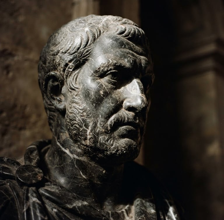 Striking portrait of a heavy, dark marble sculpture emerging from deep shadows, dramatic single-source window light from the left, highlighting carved veins and ancient dust, set against a dark, moody background, 35mm