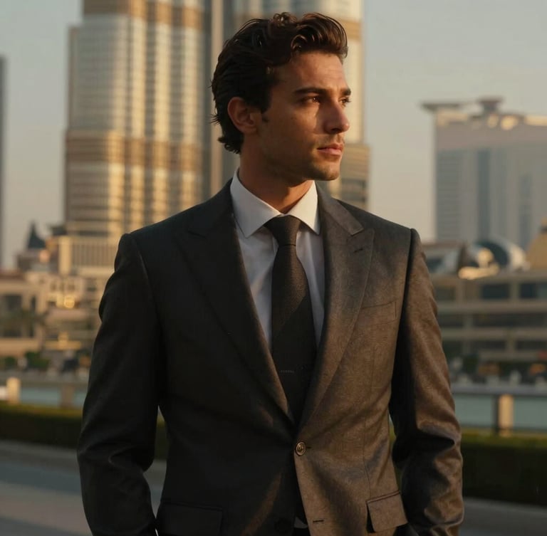 Chiaroscuro portrait of a well-dressed man in a tailored charcoal suit, warm golden-hour side lighting, luxury Dubai architecture out of focus in the background, 35mm cinematic fashion photography