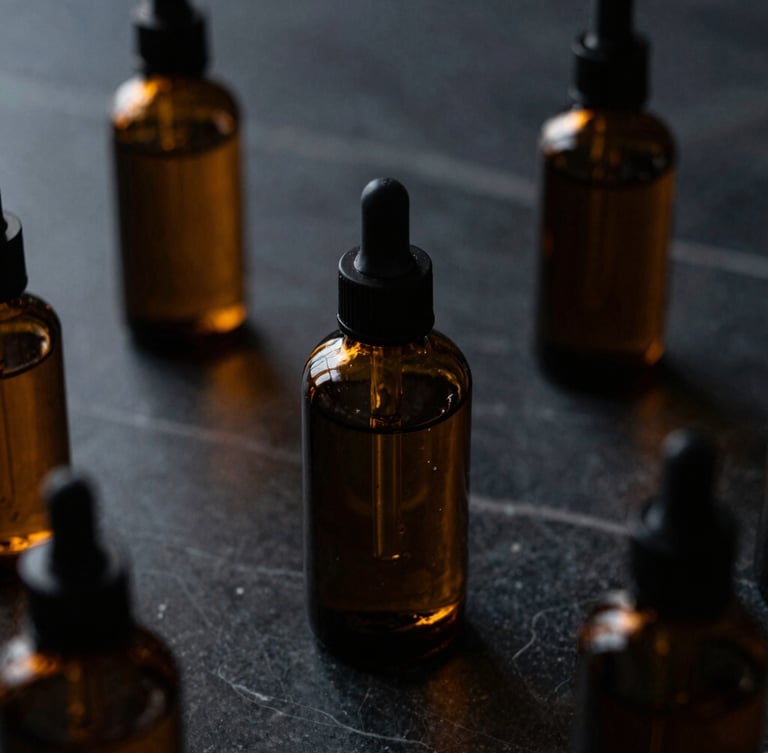 Close-up of premium amber glass skincare bottles on a dark textured marble surface, warm amber light glinting off the glass, dramatic low-key lighting