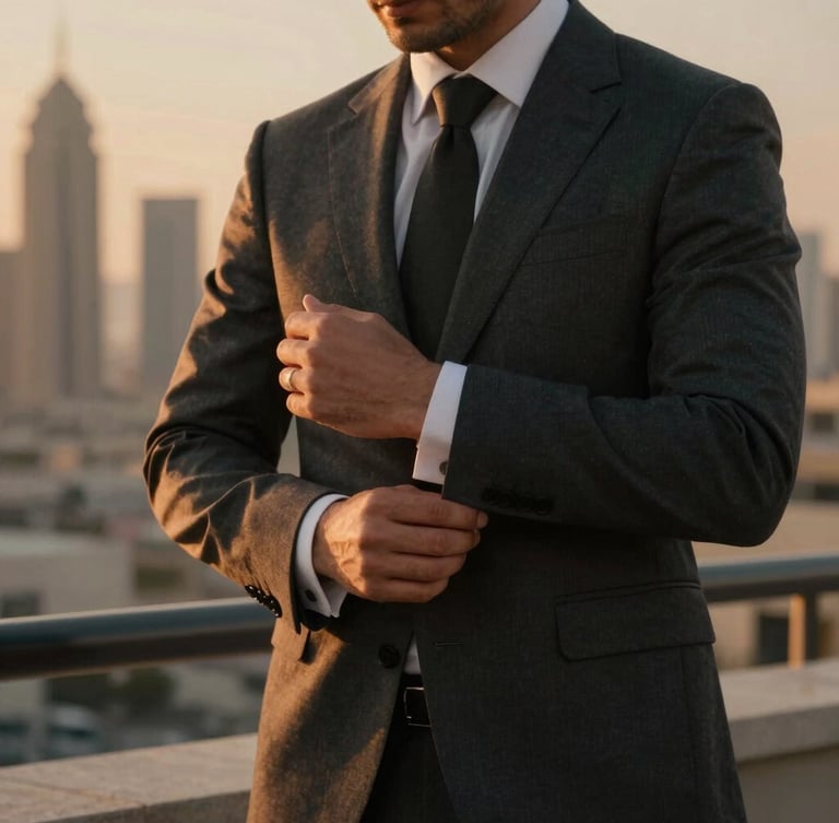 A well-dressed man in a tailored charcoal suit adjusting his cuffs, warm amber backlight casting a subtle glow, elegant Dubai skyline blurred in the background, 35mm.