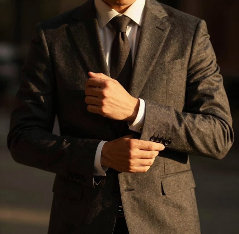 Portrait of a refined man in a tailored charcoal suit, adjusting his cufflink, warm golden hour sunlight casting dramatic shadows, shallow depth of field.