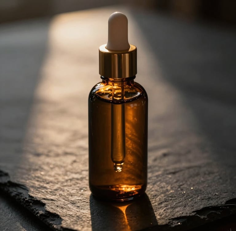 Macro close-up of a premium amber glass skincare dropper bottle on dark slate, soft dramatic golden hour light reflecting off the liquid, shallow depth of field, 35mm.