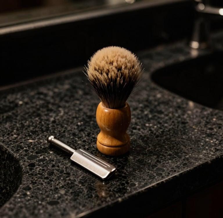 A luxury sandalwood shaving brush and steel razor resting on a textured dark charcoal marble counter, low-key chiaroscuro lighting, 35mm.