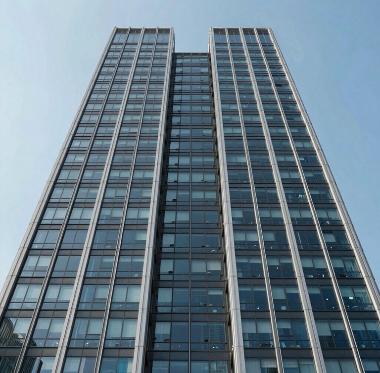 Symmetrical architectural shot of a modern glass and steel skyscraper facade rising into a clear sky, sharp high-contrast daylight, clean geometric lines, minimalist composition.