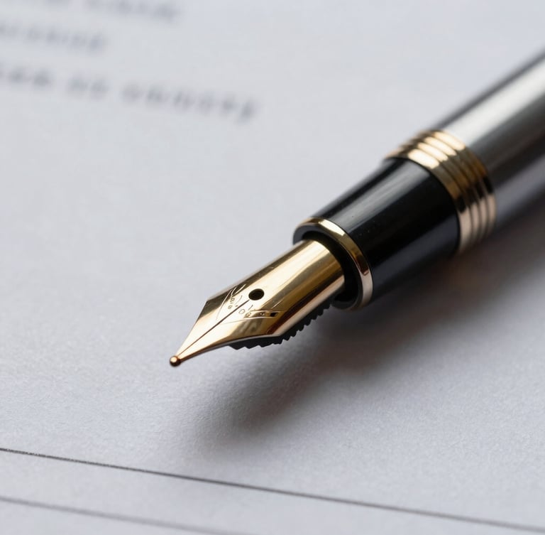 Macro close-up of a classic fountain pen resting on high-quality financial documents, controlled low-key indoor lighting, sharp focus on the gold nib, sophisticated atmosphere.