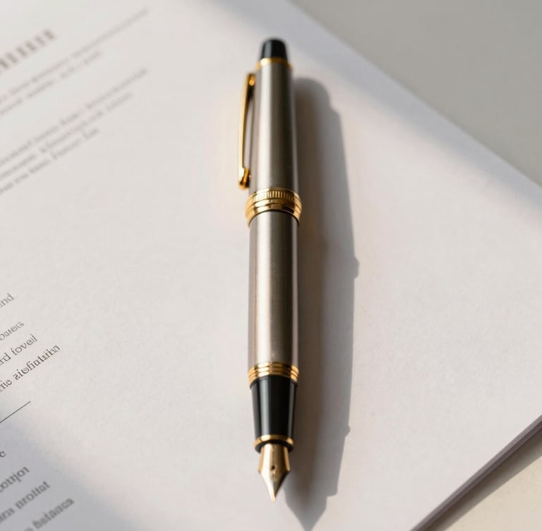 Symmetrical portrait close-up of a classic fountain pen resting on structured financial documents, sharp architectural shadows, warm champagne gold lighting accents, minimal background.