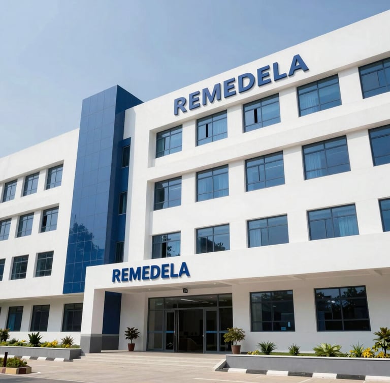 Bright clinical photography of the modern architectural facade of REMEDELA Hospital in Khunti, clean daylight, professional and reassuring atmosphere.