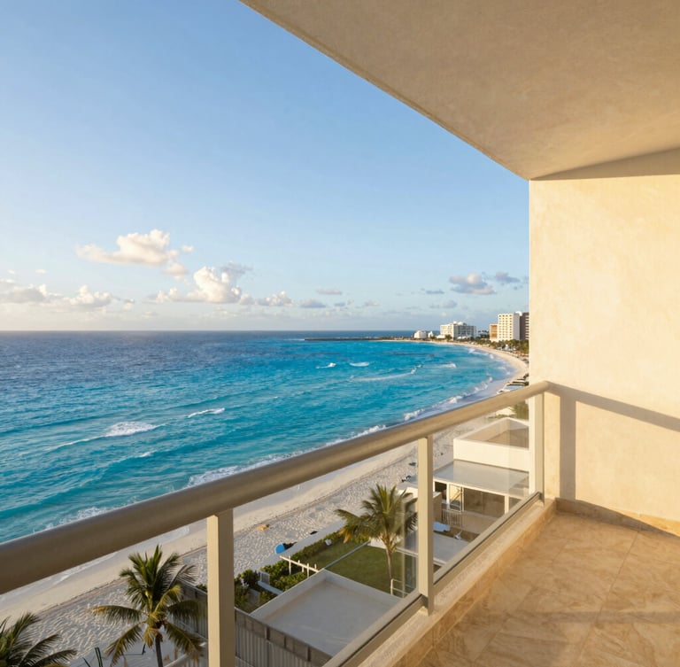Bright editorial photo of a modern oceanfront suite balcony in Cancun, turquoise Caribbean sea background, warm afternoon light