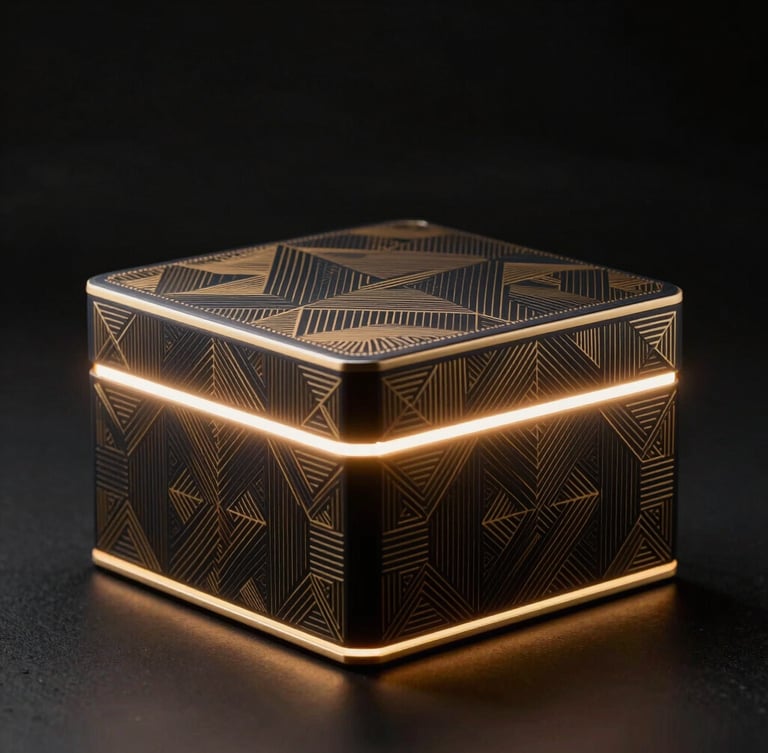 Cinematic studio shot of luxury dark-mode product packaging with intricate gold-foil geometric patterns, glowing under sharp rim lighting against a deep black background.